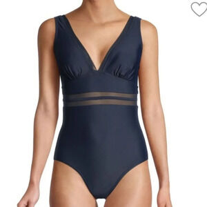 Tommy Hilfiger ​Mesh Insert Plunge Navy One Piece Swimsuit Women's Plus Size 16